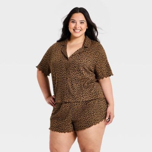 Women's Pointelle Notch Collar Shirt and Shorts Pajama Set - Wild Fable™ Brown Leopard Spot M
