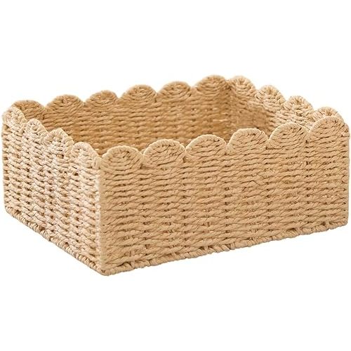 Beige Petal-Edge Paper Rope Storage Basket with Iron Frame, Lightweight & Sturdy, 13.98×10.83×5.91 Inches,Perfect for Home Decor & Organization