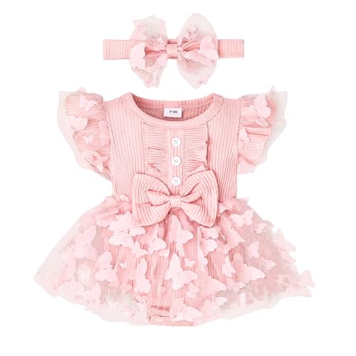 Aenbilo Baby Girl Clothes Summer Girls Clothes Short Sleeves Lace Cute Romper Bodysuit Outfits Headband 0-18 Months