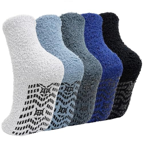 CaiDieNu Fuzzy Socks for Men with Grippers, Fluffy Slipper Socks Winter Warm Thick Home Hospital Cozy Non-slip Socks 5 Pairs