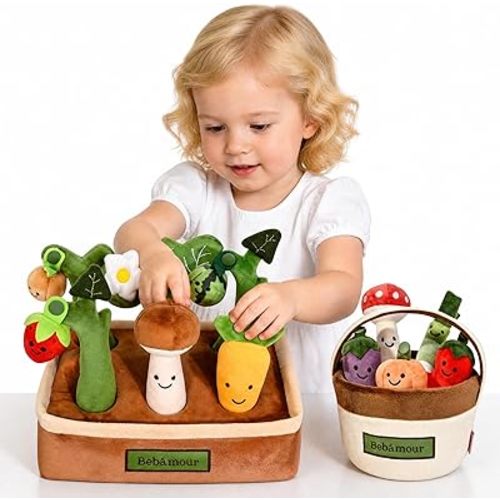 Bebamour Montessori Toys for Baby 6-12 Months, Plush Vegetable Garden Sensory Sorting Toy with Storage Base, Soft Plush Farm Harvest Game for Fine Motor Skills, Perfect Baby Boys Girls Gift(Carrot)