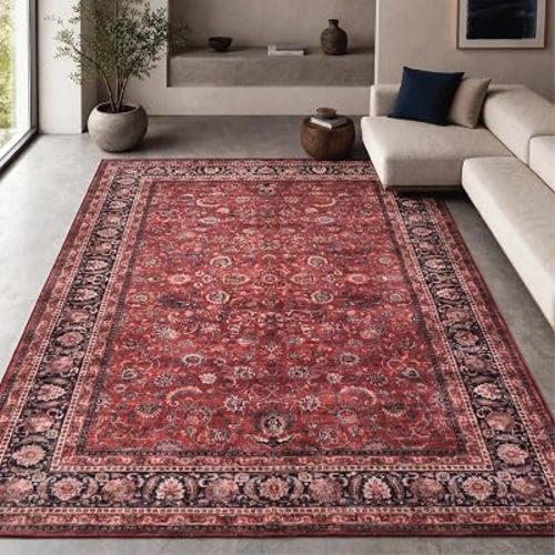 GLN Rugs Traditional - Yildiz - Machine Washable Area Rug, Vintage Washable, Non Slip, Low Pile Area Rug, Living Room, Bedroom, Kitchen Rug - Easy Clean (8' x 10' Dark Red)