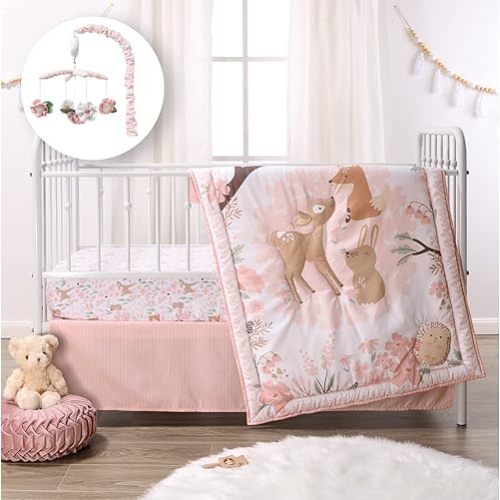 The Peanutshell Fairytale Forest Crib Bedding Set and Mobile, 4 Piece Woodland Girl Nursery Set