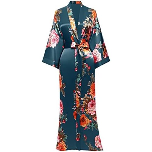 BABEYOND Women's Kimono Robe Long Satin Silky Floral Lightweight Bridesmaid Wedding Bachelorette Party Robe