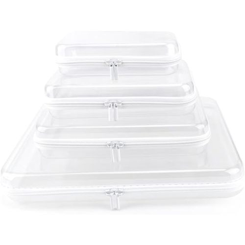 YOPCDJ Clear Hard Shell Zipper Case, Clear Zipper Pouches Waterproof Makeup Organizer & Travel Toiletry Storage Bag, Plastic Pouch for Office, Home, White, 4Pack XL+L+M+S