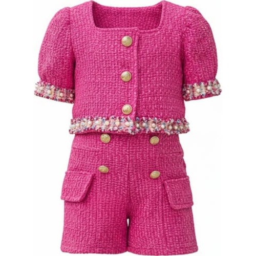 Girls Pint-Sized CEO Puff Sleeve Tweed Top and Short Set