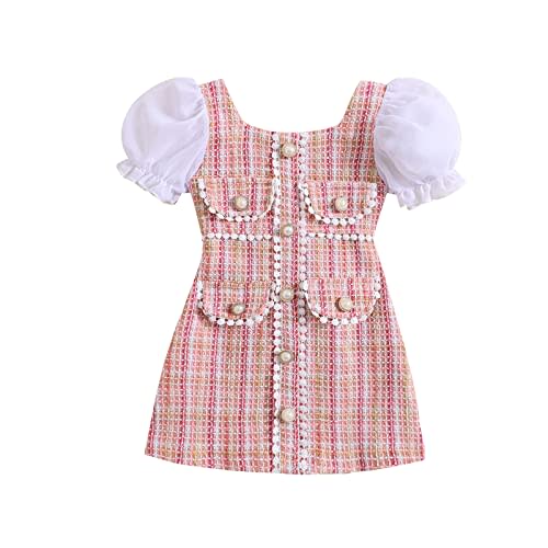 LXXIASHI Toddler Baby Girls Tweed Plaid Dress Square Neck Puff Short Sleeve Fake Pockets Elegant Party Clothes