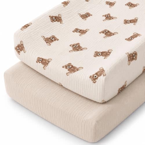 Organic Cotton Muslin Changing Pad Covers 32”x16” for Baby Girl Boy Nursery | 2 Pack Soft, Breathable, Fitted Diaper Changing Table Cover Fits Standard Rectangular Pad Sheets Neutral Shower Gift Registry