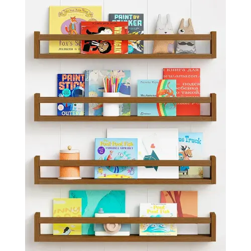 Forbena 24 Inch Wooden Floating Nursery Book Shelves for Wall, Walnut Nursery Bookshelf Wall Mounted for Kids Bedroom, Large Kids Floating Bookshelves for ChildToys Classroom Books Decor (Dark Brown)