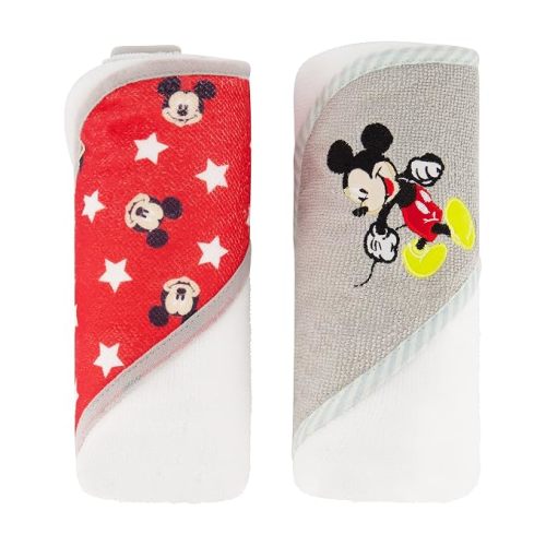 Disney Cudlie Baby Boy Mickey Mouse 2 Pack Rolled/Carded Hooded Towels in Happy Place Print