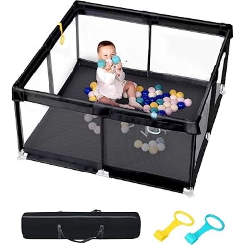 Baby Playpen with Mat, 50" x 50" Extra Large Play Yard for Babies and Toddlers, Baby Fence with Soft Thick Play Mat, Indoor Safety Activity Center for Infants, Easy to Assemble and Clean（Black）