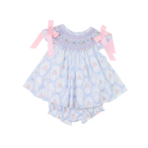 Cecil & Lou Baby Pink and Blue Bouquet Ribbon Smocked Diaper Set
