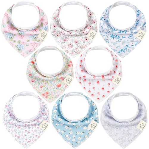 KeaBabies 8-Pack Organic Baby Bandana Bibs for Girls - Super Absorbent Triangle Baby Bibs for Drooling and Teething Infant, 100% Cotton Extra Soft for Newborn, Infant 0-36 Months (Flourish)