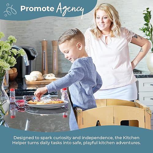 Guidecraft Classic Kitchen Helper® Folding Toddler Tower - Natural: Wooden Kids Kitchen Step Stool w/Safety Nets & Non-Slip Mat, Montessori Toddler Standing Tower | Adjustable Learning Stool for Kids