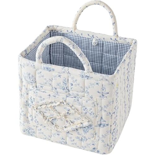Quilted Fabric Car Storage Basket with Handles & Pocket, Foldable Laundry Hamper Boho Floral Print Organizer Bin for Home, Picnic, Office Nursery Cloth Toy 12"x10"x10" (Style F)