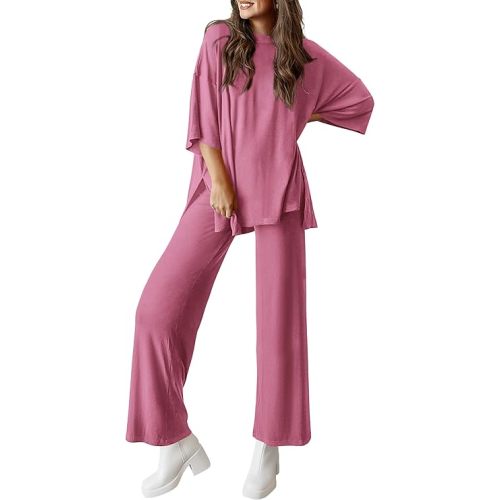 PRETTYGARDEN Two Piece Sets for Women Lounge Matching Set | Summer Fashion Airport Travel Outfit, Short Sleeve Oversized Tshirts, Wide Leg Pants Pockets, Spring Cruise Vacation Clothes