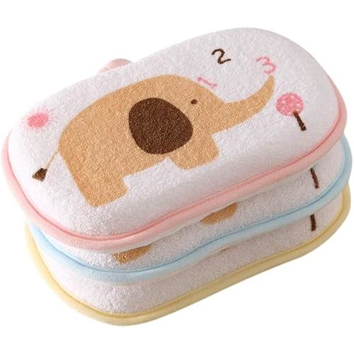 Lurrose 3PCS Baby Bath Sponge Cartoon Elephant Soft Cotton Scrubber Bath Brush Rubbing Towel for Toddler Infant (Mixed Color)