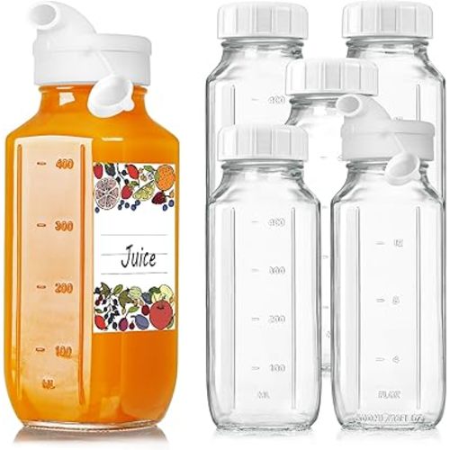 6 Pack 16 Oz Glass Juice Bottles with 2 Pour Spouts, 100% Airtight Heavy Duty SCREW Lid- Reusable Glass Milk Bottles w Scale Mark, Square Drinking Jar Juice Container Breast Milk Pitcher(Extra 2 Lid)