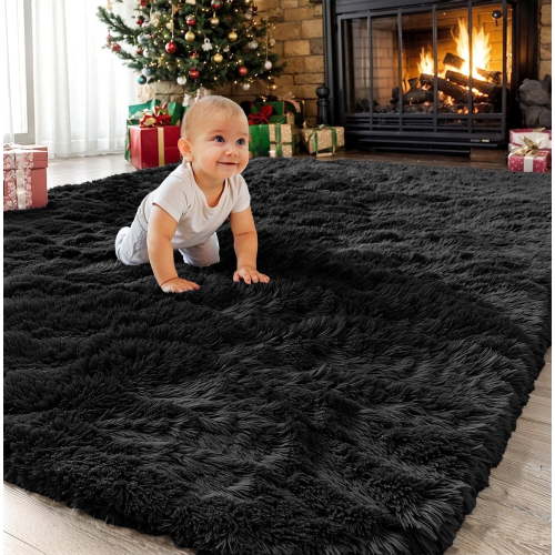 Large SANMADROLA Faux Fur Microfiber Area Rug, 6.5'X7.5', Black - Plush Rug for Bedroom, Living Room, Nursery