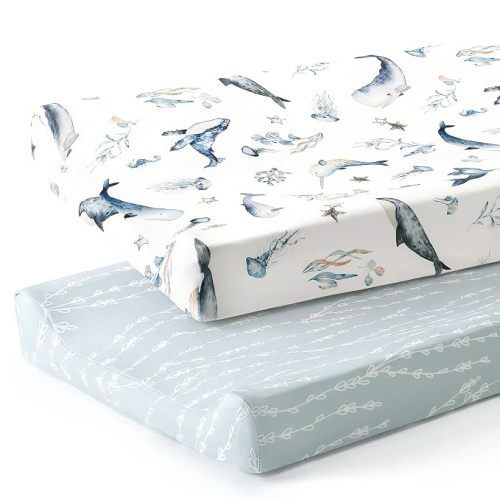 Stretch Ultra Soft Jersey Knit Changing Pad Cover Set 2 Pack, Change Table Pad Covers Fit 32"/34" x 16" Pads Safe and Snug, Sea Fish Print for Girls and Boys