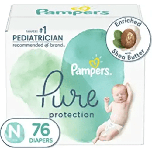 Diapers Size 0/Newborn, 76 Count - Pampers Pure Protection Disposable Baby Diapers, Hypoallergenic and Unscented Protection, Super Pack (Packaging & Prints May Vary)