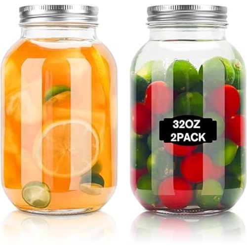 Glass Mason Jars, 2 Pack 32oz Clear Glass Regular Mouth Canning Jars with Lids for Sealing, Ideal for Food Storage, Snacks, Candies, Jam, Honey, Wedding Favors, Shower Favors, DIY Projects