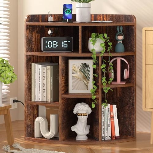 VECELO Corner Cube Shelf with USB Ports & Outlets, Modern Corner Toy Storage Rack with Adjustable Shlef, Wooden Display Bookshelf Bookcase for Living Room, Bedroom, Dining Room, Kitchen, Brown