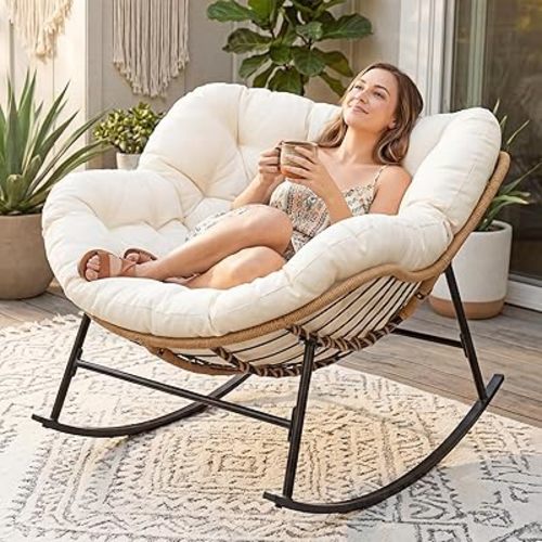 BULEXYARD Oversized Rocking Egg Chair, Outdoor Royal Papasan Rocking Chair