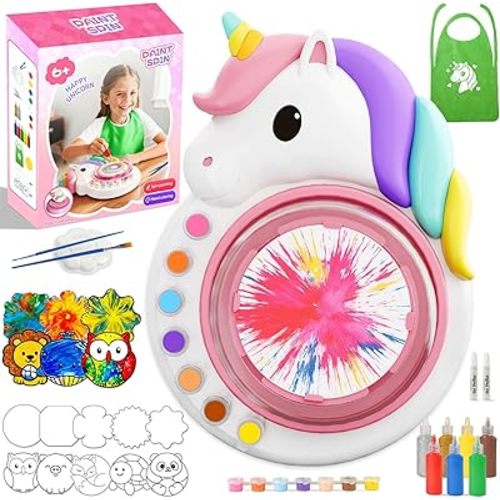 Oeasic Máquina de arte giratorio de unicornio para niños, pintura de doble rotación giratoria para artes y manualidades con 60 tarjetas de diseño, suministros de arte para niños, regalo de cumpleaños