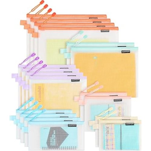 EVA Frosted Mesh Zipper Pouch Bags,18 Pcs 6 Sizes Plastic Bags, 6 Colors Waterproof Pouches, for Travel, School Supplies, Office and Home Organization (18 pcs, Multicolor)
