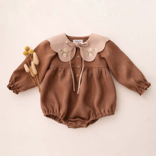 Cocoa Brown Linen Long Sleeve Bubble Playsuit with Petal Collar in Bei – Dannie and Lilou