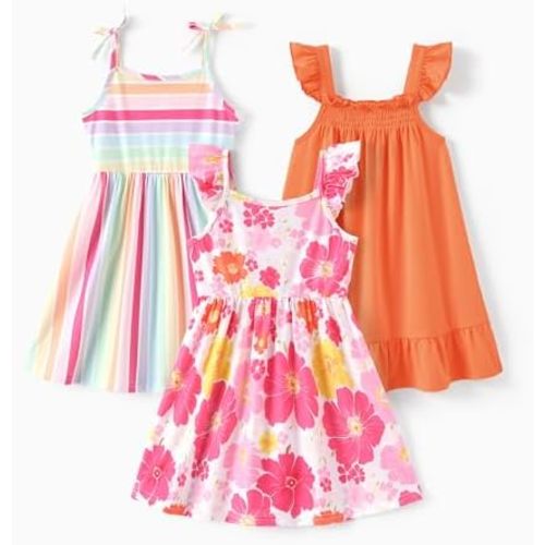 PATPAT Multipack Girl Toddler Dresses Sleeveless Flamingo Striped Toddler Casual Dresses