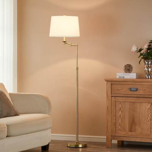64.5 in. Antique Brass Height Adjustable Swing Arm Floor Lamp with White Shade