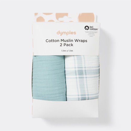 Dymples Cotton 2 Layer Muslin Wrap 2 Pack - Blue Check