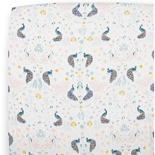 Little Unicorn Premium Crib Sheet | Breathable & Super-Soft Muslin Fabric (Peacock)
