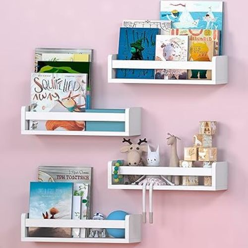 NATURE SUPPLIES Set of 4, White Floating Nursery Book Shelves, 16.4" Solid Wood Floating Bookshelves, Wall Book shelf for Kids Rooms Decor, Toys & Playroom Furniture, Kids Bookshelf, Nursery Bookshelf