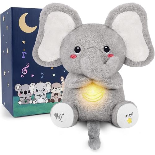 BRICHOEE Breathing Stuffed Animal, Soothing Elephant Stuffed Animal with Moving Ears, Breathing Motion, Calming Sound and Light for Baby Sleep Companion Portable Plush Gifts for Kids Adults Newborns
