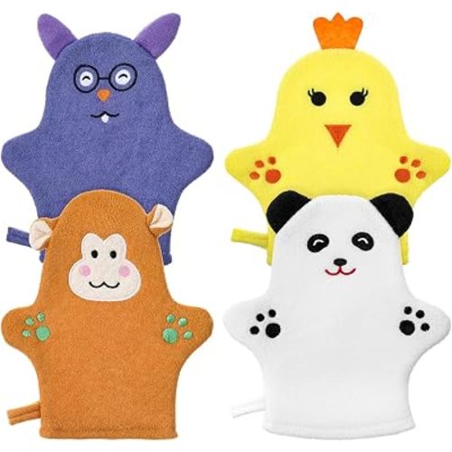 4 Pcs Baby Bath Mitt Washcloths Gloves, Gentle Scrub Cotton Towel for Kids Designed in Cute Animal Microfiber Soft Washcloths for Baby Girl Boy Bath Shower