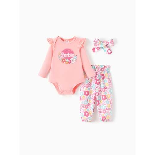 Barbie Baby Girl 2pcs Cotton Flutter Sleeve Romper and Printed Pants Sets Light Pink