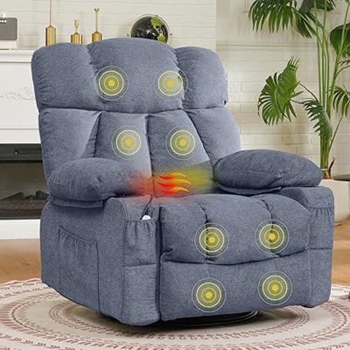 FLEXISPOT 360° Swivel Rocker Recliner, Oversized Massage Rocker Recliner Chair with Heating, Cup Holders, USB Charging Port, Swivel Glider Sofa for Living Room Nursery, Blue (XRC3)