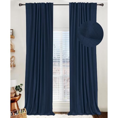 Faux Linen Total Blackout Curtains for Bedroom 84 Inch Long Midnight Blue