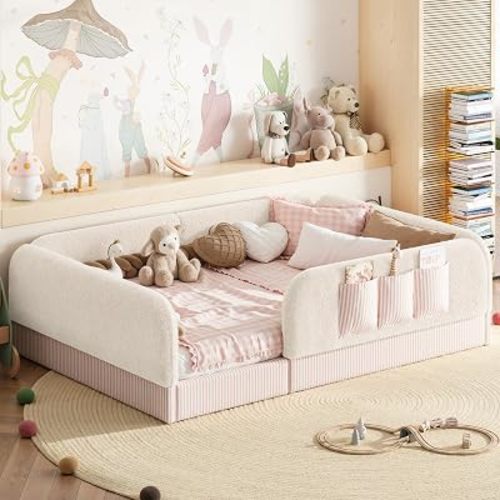 Montessori Floor Bed Full Size Soft Upholstered with Safety Rails