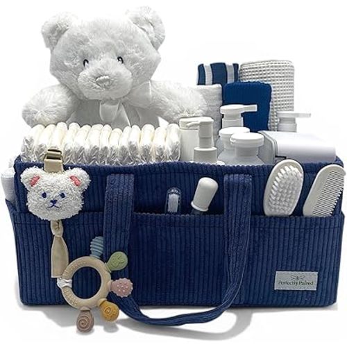 Baby Diaper Caddy, Pacifier Clip and Teether-Storage for Newborn Essentials, Portable Diaper Caddy with Handles, Baby Shower Basket, Nursery Organizer with Dividers (Navy Blue)