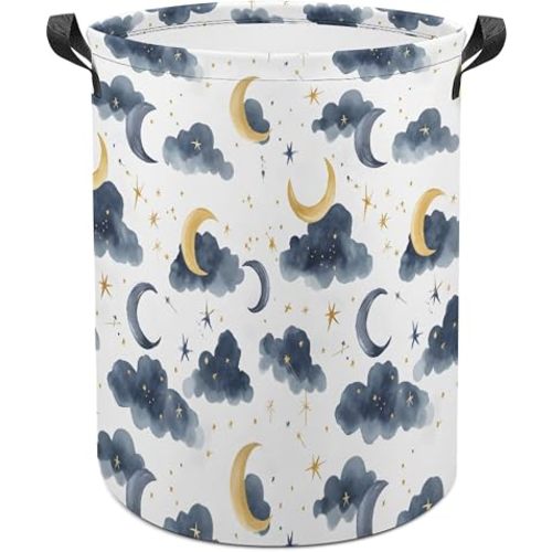 Moon Star Pattern Kids Laundry Hamper,Collapsible Nursery Baskets with Long Handles,Waterproof Storage Bins & Boxes for Bedroom Bathroom Decor,Toy Organizer Gift Basket