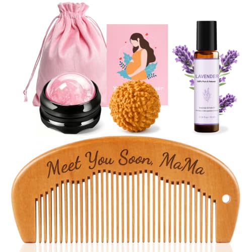 Gwabee Birthing Comb, Massage Ball & Lavender Essential Oil Roll-On Set | Natural Wood Labor Comb Kit, Birth Comb, Hospital Bag Essentials for Women Labor and Delivery, Mom-to-be Gifts for Labor Pain