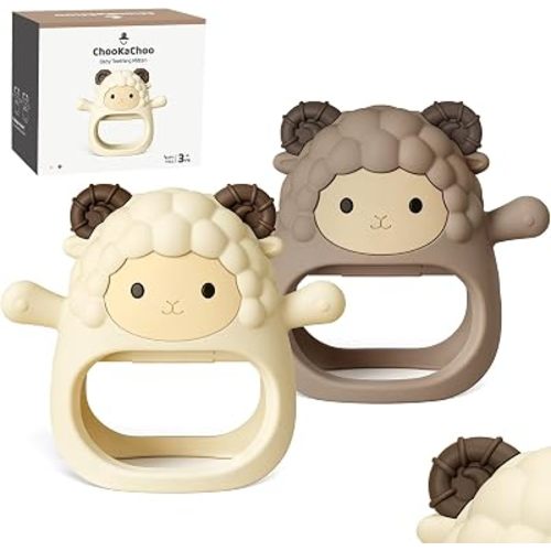 ChooKaChoo Lamb Baby Teething Toys for 3-12 Months, Silicone Teething Mitten with Pacifier-Shaped Chew Arms, Wearable No-Drop Hand Teether for Teething Relief, BPA Free (2 Pack)