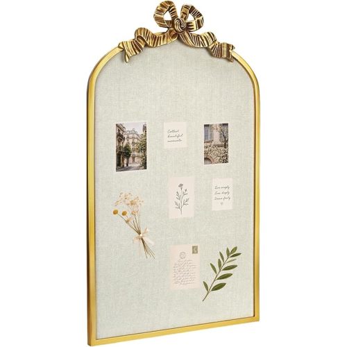 19" x 32" Large Linen Bulletin Board with Vintage Arch Copper Frame & Bowknot, Decorative Pin Board Wall Organizer for Photos, Notes & Memo Display, Bowknot Golden-4882