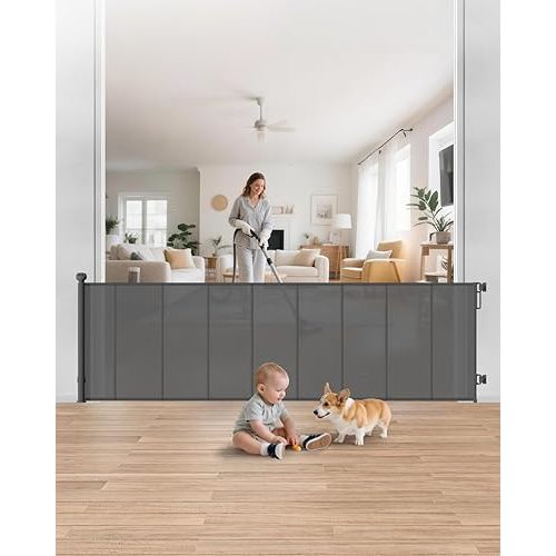Reinforced Retractable Baby Gate, 100" Wide Child Safety Gate with 8 Support Rods, 34" Tall Scratch-Resistant Mesh Dog Gate for Staircase, Garage, Garden, Outdoor, Gray