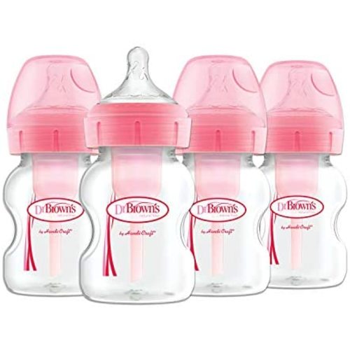 Dr. Brown's Natural Flow Options + Wide-Neck Bottle, Pink Print, 4 Pack, 5 Ounce