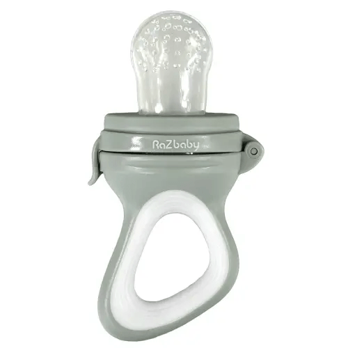 RaZbaby Baby Solids/Frozen Fruit Feeder Pacifier, Infant Teether Toy 6M+, BPA-Free Silicone Pouch & Nipple, Safely Introduce Solids, Natural Teething Relief, Dishwasher Safe, Freezable – Grey/White